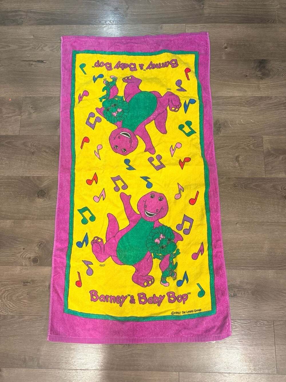 Vntg 1992 Barney & Baby Bop Musical Notes Beach Bath Towel The Lyons Group RARE